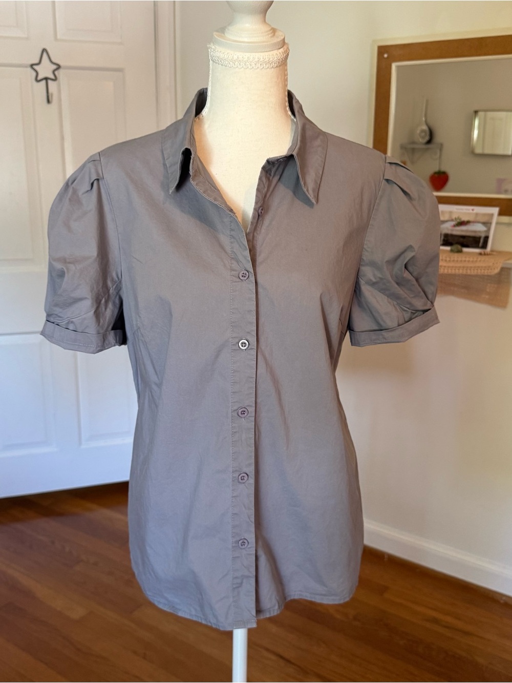Allegra K Grey Short Sleeve Puff Sleeve Cotton Tailored Botton Down Size Large